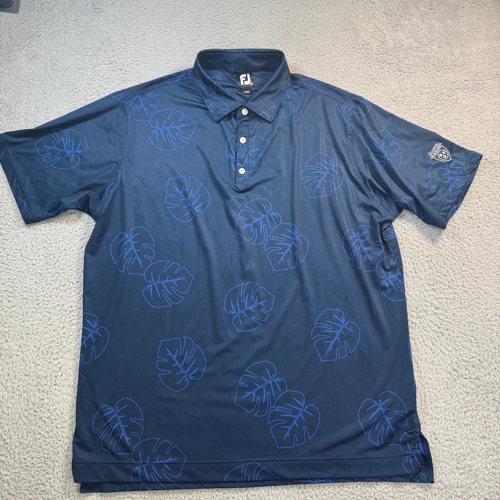 FootJoy Mens XL Navy Blue Monstera Leaf Print Golf Polo Stretch Short Sleeve